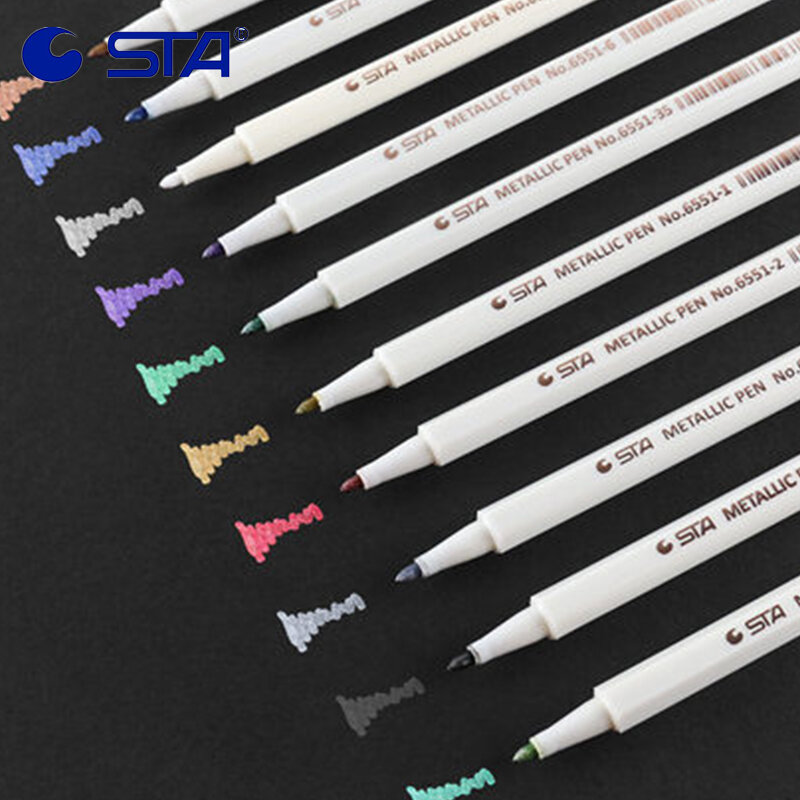 STA metaliczny mikronowy kolorowy długopis 1 szt. Szczegółowe oznaczenie twardej/miękkiej główki do rysowania czarny papier albumu dostarcza kolorową farbę 6551