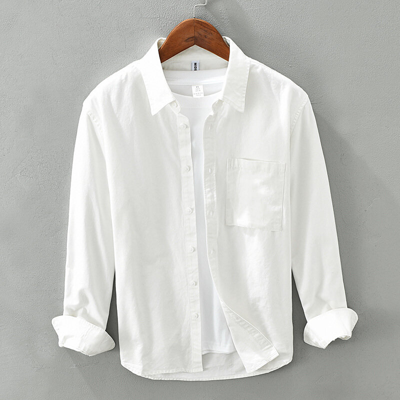 8817 Autumn New Style Men's White Shirt Fashion Korean Style All-Match Lapel Pocket Thin Soft Khaki Coat Youth Male Blouse Daily