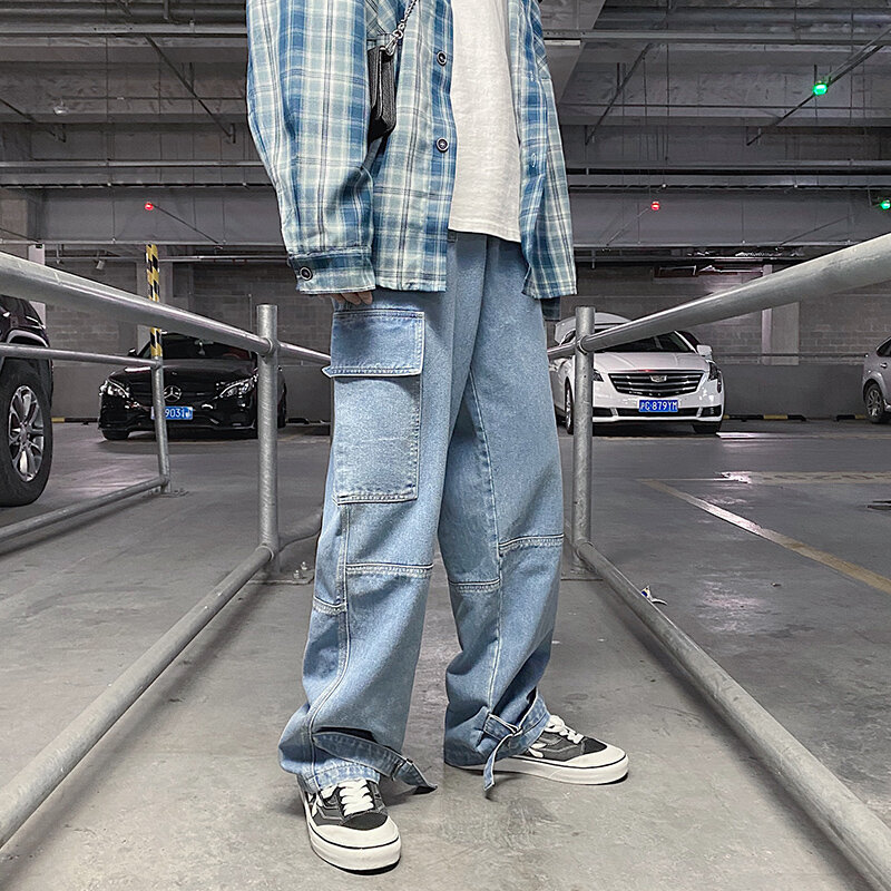 Джинсы-карго мужские с широкими штанинами, свободные прямые мешковатые джинсы, уличная одежда в стиле хип-хоп, нейтральные брюки из денима для скейтборда