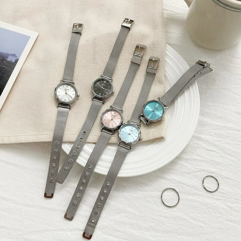 Reloj de malla de acero para mujer, pulsera de plata Rosa Simple para mujer, conjunto de reloj de pulsera de moda, reloj de cuarzo, regalo de lujo, zegarek damski