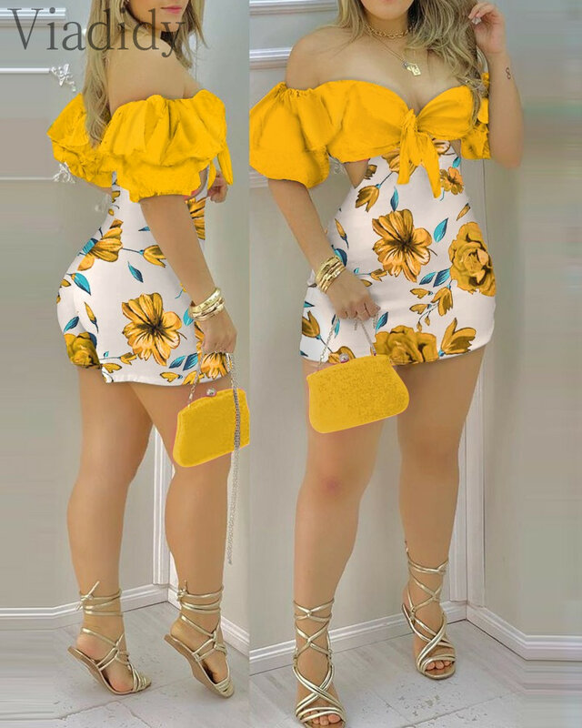2021 Women Summer Off Shoulder Floral Print Ruffles Cutout Design Romper Knotted Puff Sleeve Skinny Playsuits