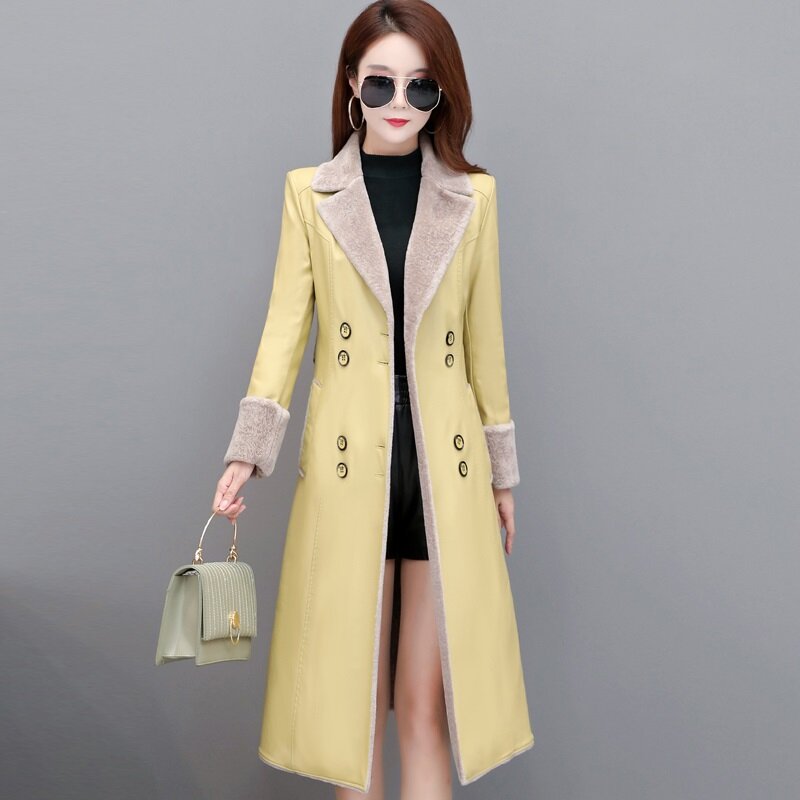 2022 New Winter Leather Jacket Outerwear Woman Plus Velvet Thick Fur One Medium Long Leather Windbreaker Coat Women