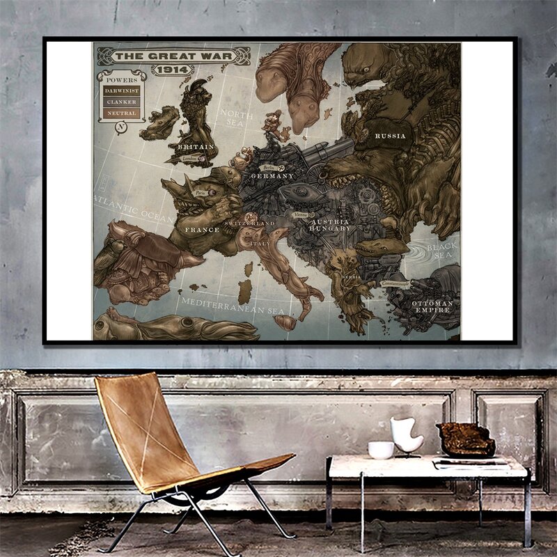 Pintura sobre lienzo no tejido con mapa de Europa, póster artístico de pared Retro, suministros escolares para decoración del hogar y la Oficina, 150x100cm, 1914