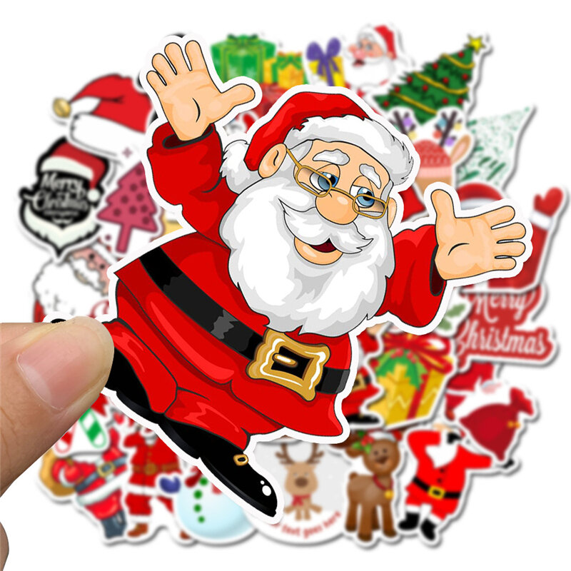 50 Buah Stiker Natal Warna-warni Lucu Stiker Hadiah Tahun Baru Sangat Tipis Papan Luncur Laptop Pohon Natal Manusia Salju Santa Klaus