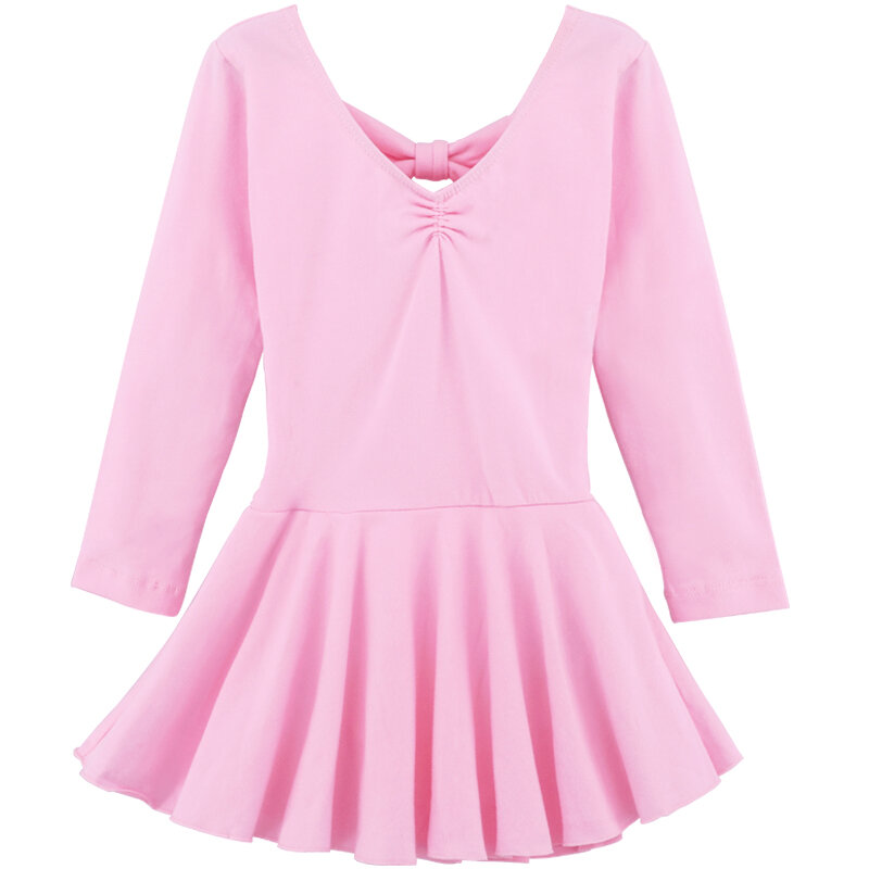 Vestido de balé feminino com laço, collant de malha para ginástica, de algodão rosa de manga comprida, para crianças, vestido para ginástica