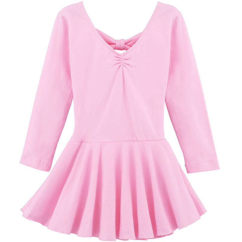 Body da ballo per ragazze Bowknot abito da ballo body da ginnastica per bambini manica lunga body da ginnastica per bambini in cotone rosa