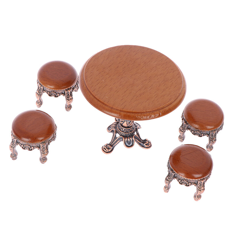 Table à café et tabouret en bois pour maison de poupée, meubles miniatures en bois, 1:12