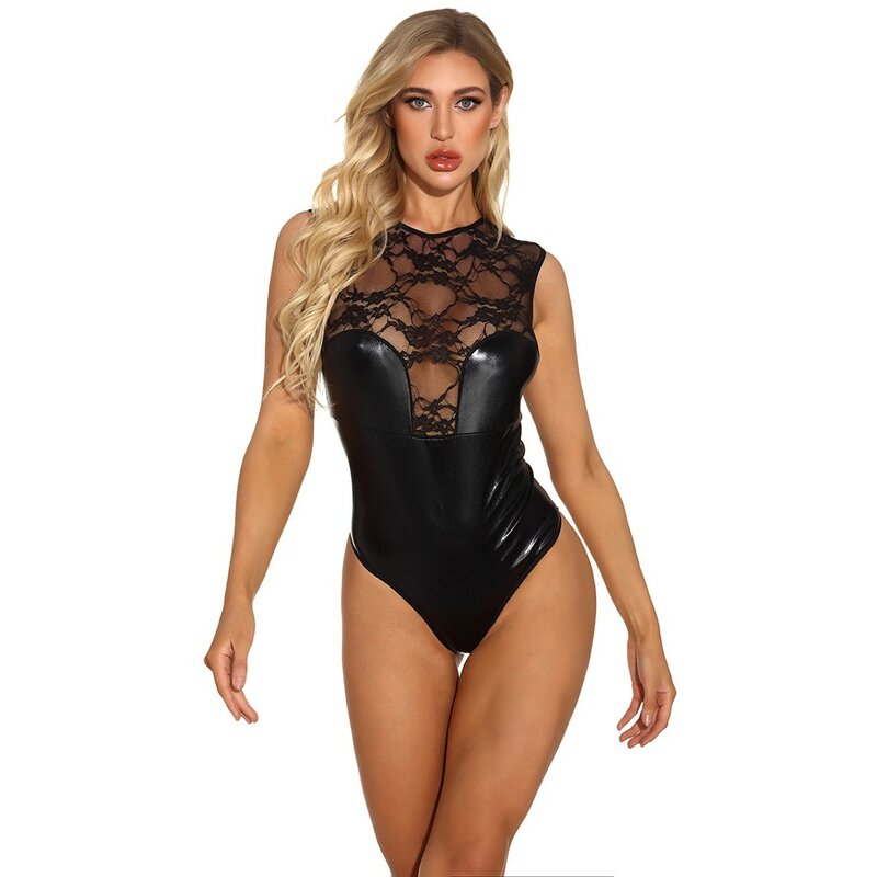 Women Sexy Bodysuits Latex Leather Jumpsuits Bodycon Costume Playsuits Performance Clubwear Lace Sexy Babydoll #W