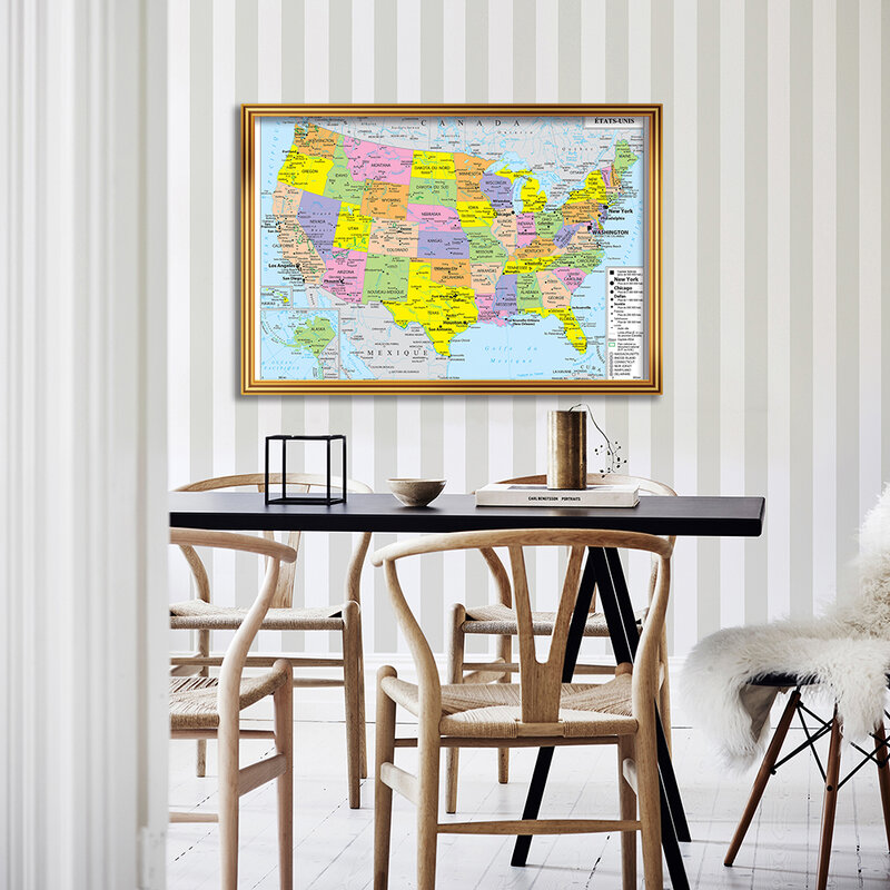 Affiche d'art mural français, carte détaillée de la carte politique des états-unis, peinture sur toile, décoration de la maison, fournitures scolaires, 90x60cm