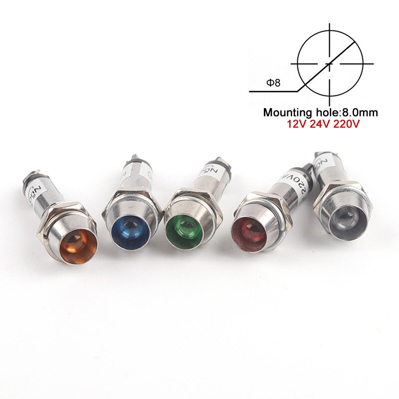 Luces indicadoras de Metal XD8-1, lámpara de señal de potencia, Panel de 8mm, luz LED convexa, 12V, 24V, 220V, 5 colores, 5 uds.