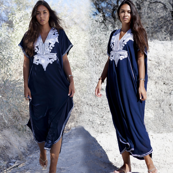 Bsubseach – robe de plage brodée à manches courtes pour femmes, Kaftan ample, col en V, grande taille