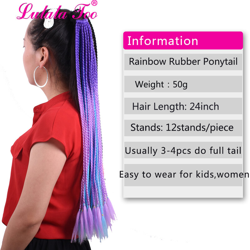 Jumbo Braid Ponytail Hairpiece com bandas elásticas de borracha, trança sintética, extensão do cabelo para mulher, crianças, 50g, 12 raízes, 24"
