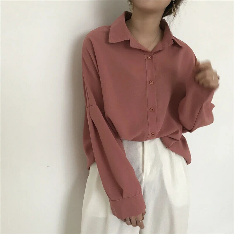 Women Solid Shirt Office Ladies Turn-down Collar Casual Tops And Shirts Summer Female Korean Long Sleeves Shirts Chic Blouses
