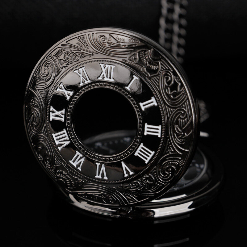 Hot Sale Roman Numerals Black Dial Quartz Pocket Watch Classic Clock Pendant Unisex High Quality Vintage Necklace Pendant