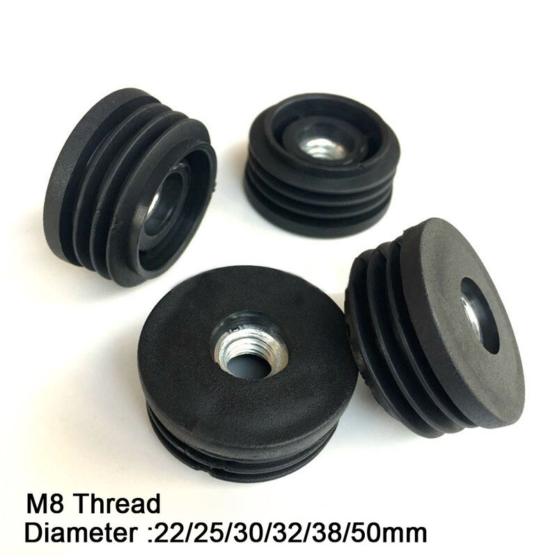 Tapas de plástico negras redondas, insertos de tubo con rosca de Metal M8, diámetro 22/25/30/32/38/50mm, 2/4/8 piezas