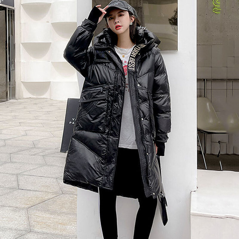 새로운 여성의 긴 다운 재킷 높고 90% 화이트 오리 코트 광택 워시 스노우 재킷 겨울 따뜻한 후드 파카 오버 코트