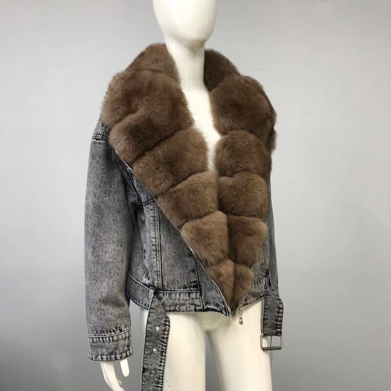Manteau en vraie fourrure de renard pour femme, veste en Denim avec grand col en fourrure, de luxe, de haute qualité, nouvelle collection hiver 2022