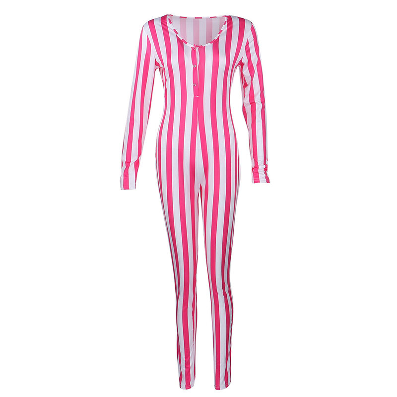 Frauen Langarm Homewear Overall Taste Cartoon Gestreiften Gedruckt Rundhals Einteiliges Pyjamas Anzug Weibliche Dünne Fit Strampler