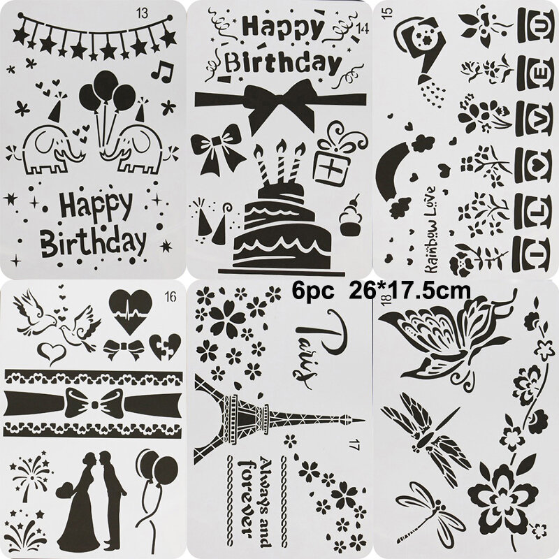 6pc Reusable Stencil Painting Template DIY Graffiti Scrapbook Coloring Diary For Youth Album Decorative Office School Supplies