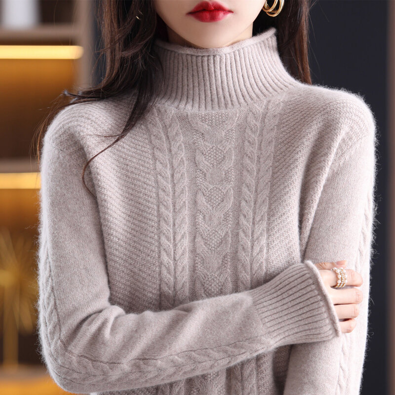 Suéter de Cuello medio alto para mujer, jersey de lana pura, grueso, suelto, moda coreana, camisa de fondo de punto de giro, Otoño/Invierno, nuevo estilo, 100%
