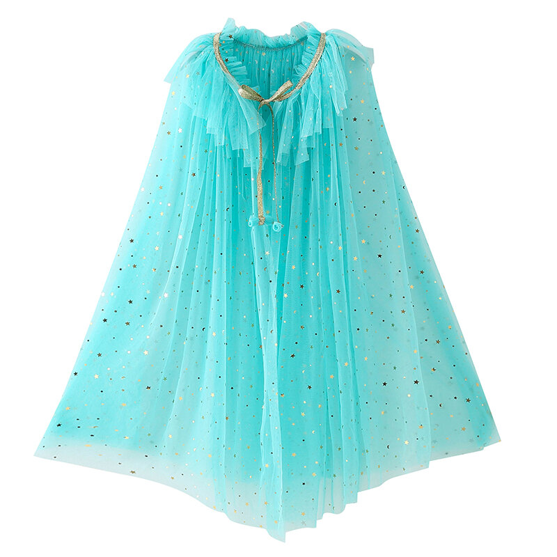 Newly Star Sequin Tulle Cloak Girls Dress Up Princess Accessories Lace Gold Tie Bow Ruffles Kids Party Unicorn Cosplay Supplies