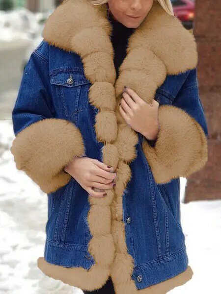 여성용 따뜻한 두꺼운 데님 재킷, 2021 가을 겨울 전체 소매 파카, 모피 목걸이 버튼 포켓 코트