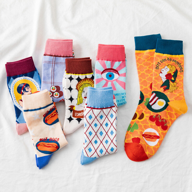 Chic Cartoon Porträt Frauen Baumwolle Socken Mode Trendy Bunte Jacquard Glücklich Lustig Socken Neuheit Kreative Harajuku Kunst Socke