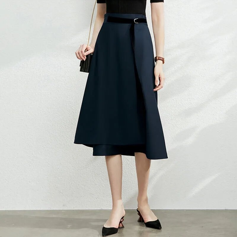 Jupe-Falda informal de cintura alta para mujer, falda con dobladillo Irregular, color negro y caqui, para primavera y otoño, 2022