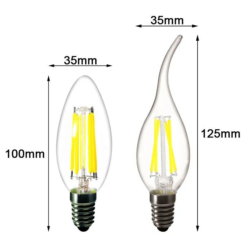 Dimmable LED lâmpada de incandescência, Edison retro vela luz lâmpadas, 360 graus, branco quente, E14, E27, E12, C35, C35L, 220V, 110, 4W, 6W, 10pcs
