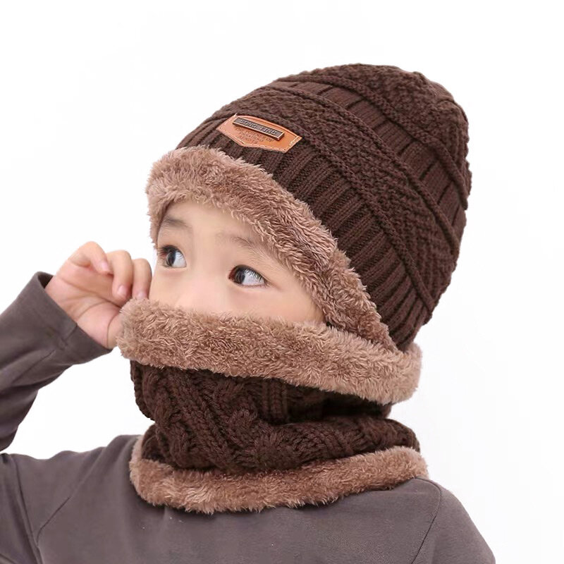 Children's knit hat scarf girls winter new plus velvet thickening baby hat outdoor warm hat boys knitted cap elasticity beanie c