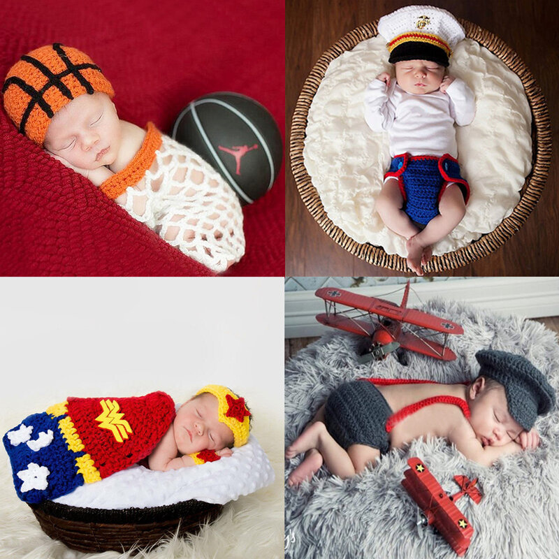 Neugeborenen Baby Fotografie Requisiten Outfits Basketball Hut Designer Stricken Hoop Set für Jungen Mädchen Neue Orange Babe Kostüm