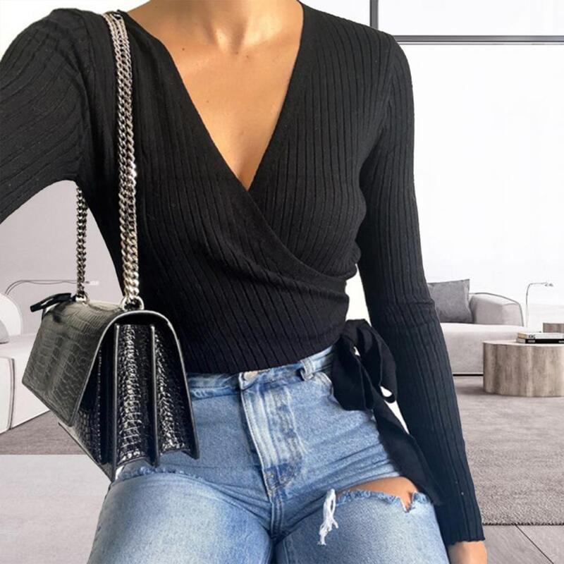 HOT SALES!!! Women Sexy V Neck Wrap Blouse Solid Color Long Sleeve Slim Ribbed Knitwear Top