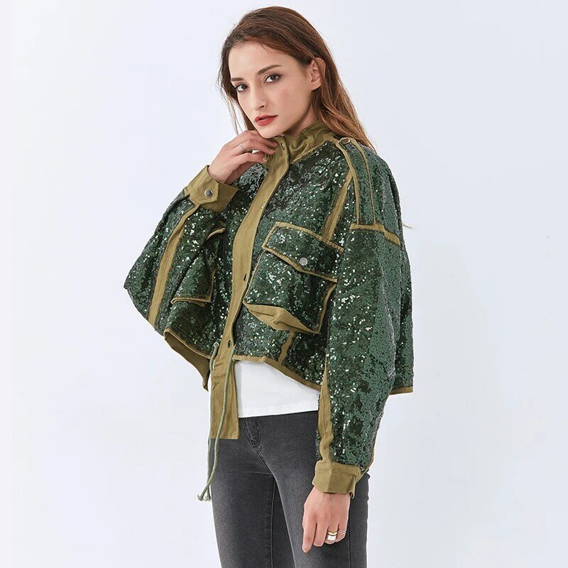TWOTWINSTYLE-jaqueta de gola alta com lantejoulas para mulheres, jaqueta casual feminina com renda, manga longa, nova patchwork, moda, primavera, 2022