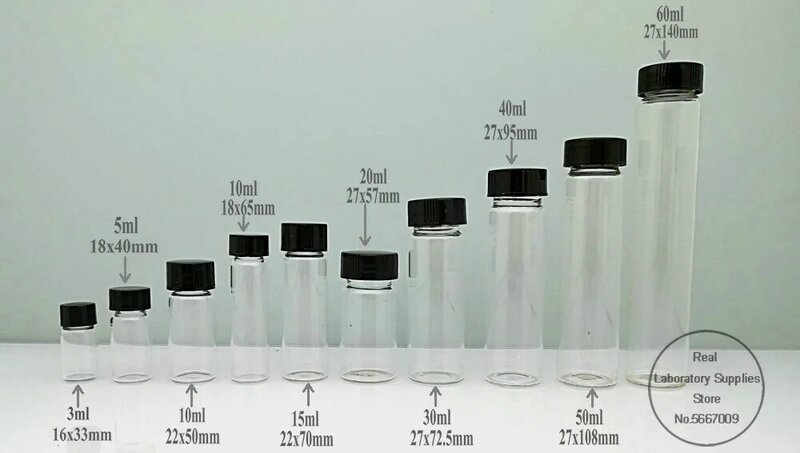 Frasco de muestra de vidrio transparente de 2ml a 60ml, viales pequeños de medicina transparente para experimentos químicos