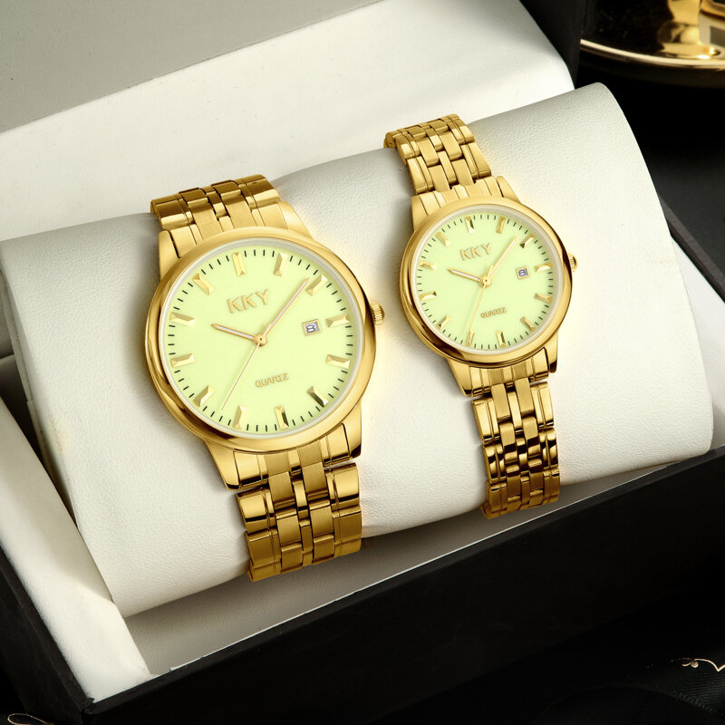 Kky นาฬิกาข้อมือคู่รักเรืองแสงแบรนด์หรูขายดีนาฬิกาควอตซ์นาฬิกาสีทองสำหรับผู้ชายผู้หญิง gitf 2024