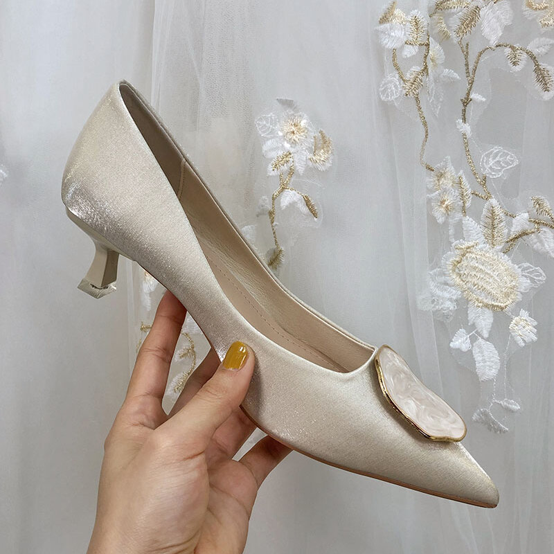kmeioo casual shallow kittens dress shoes woman pointed toe med heels elegant beige pumps slip-on kitten heels