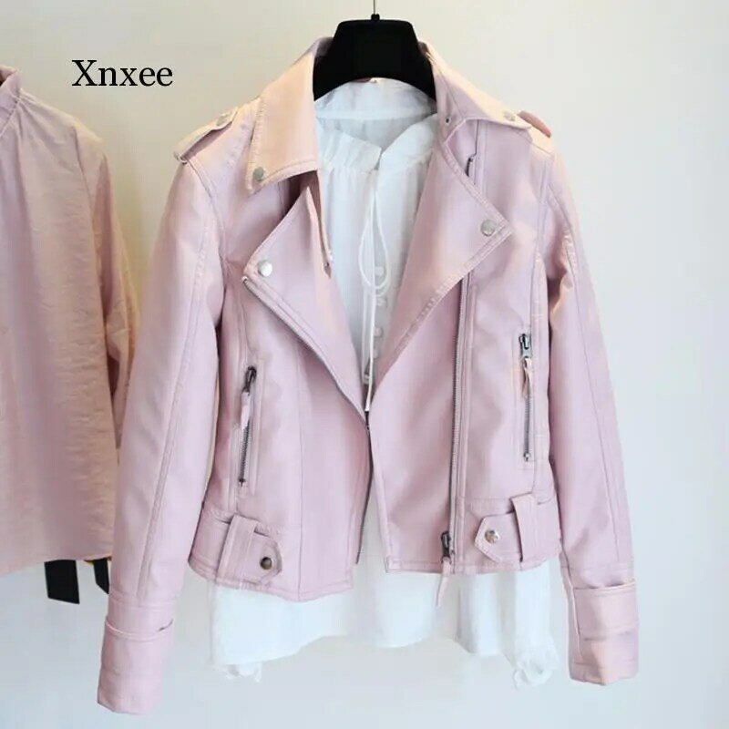 Feminino 2020 novo design primavera outono jaqueta de couro do plutônio falso casaco de couro macio fino preto rebite zíper da motocicleta jaquetas rosa