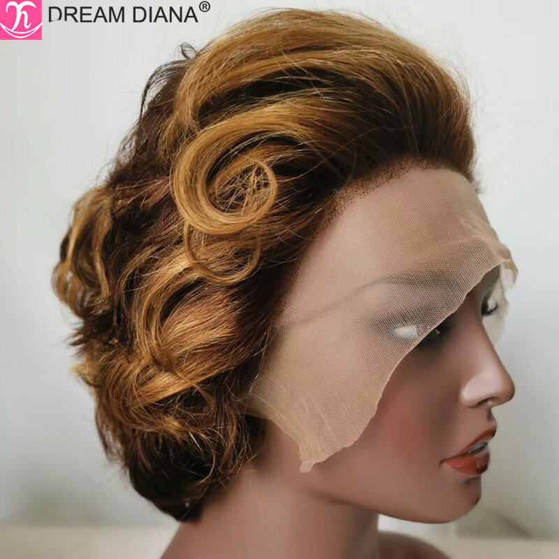 DreamDianan-Perucas onduladas da Malásia, peruca dianteira do laço encaracolado, peruca curta Pixie Cut, peruca onda de água, cabelo humano, Ombre, 13x4