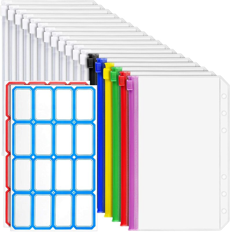 18 PCS A6 Binder Pockets 6-Ring A6 Zipper Pouch for Budget Binder, Waterproof Plastic Envelope Folders Pouch Bags Cash Envelopes