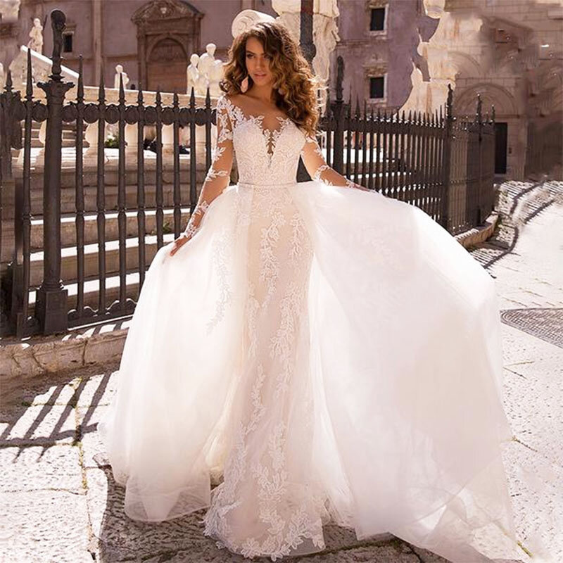 Love dress Langarm Meerjungfrau Brautkleid V-Ausschnitt Spitze Applikationen Brautkleid mit abnehmbaren Boho Luxus Brautkleider