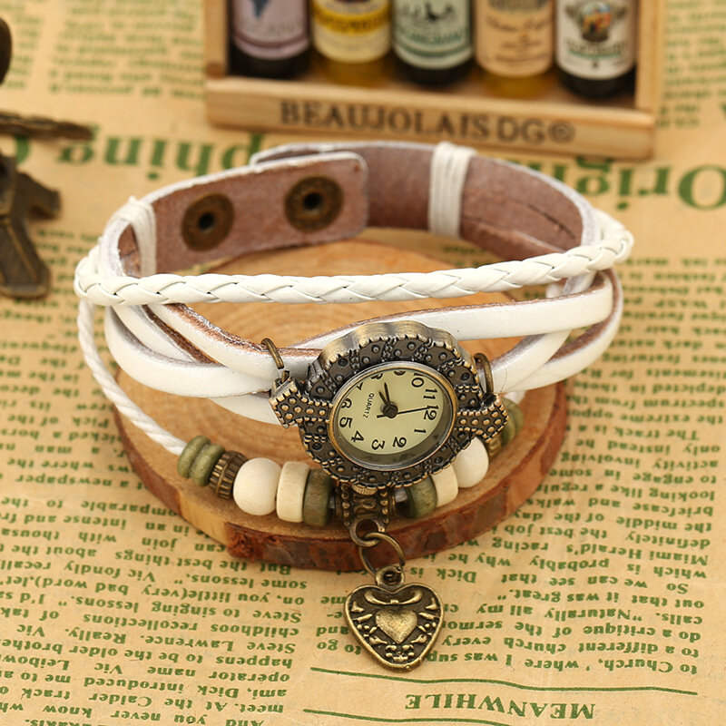 Jessingshow-reloj con colgante de corazón para mujer y niño, pulsera Retro de cuero genuino, relojes de pulsera de cuarzo, regalo de San Valentín de lujo