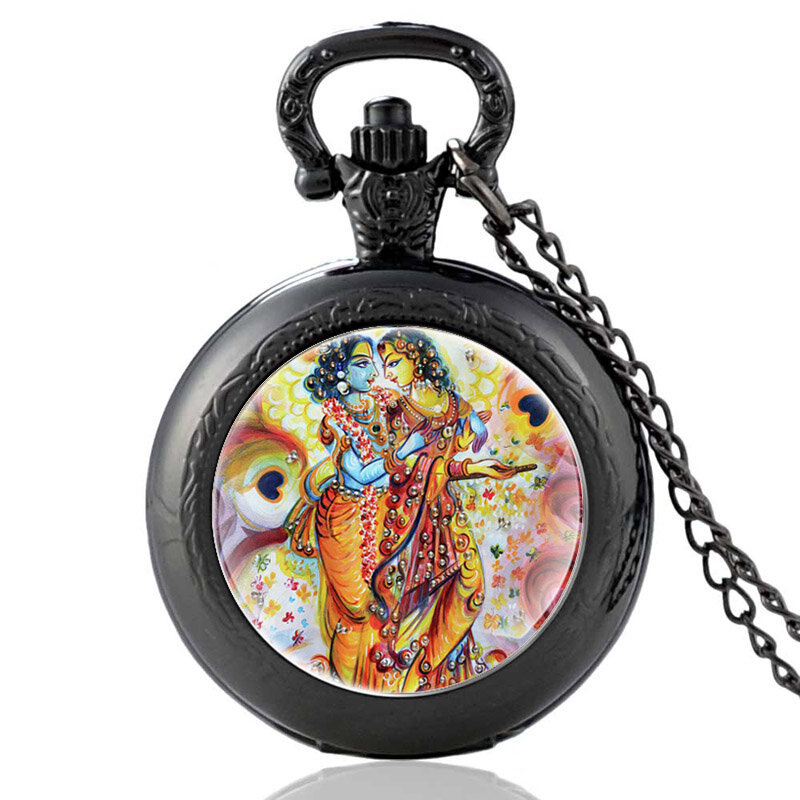 Klasyczny Radhe Krishna wzór Vintage zegarek kieszonkowy kwarcowy mężczyźni kobiety unikalny naszyjnik godziny zegar