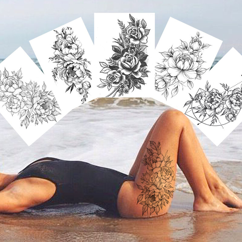 Временные татуировки с пикантными цветами для женщин, боди-арт, татуировки на руку и ноги, наклейки, реалистичные искусственные черные розы, водостойкие татуировки