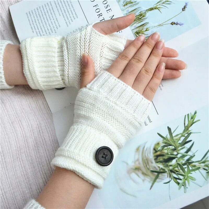 Button gloves in autumn and winter women riding half finger touch screen sleeve wool knitting warm winter couple