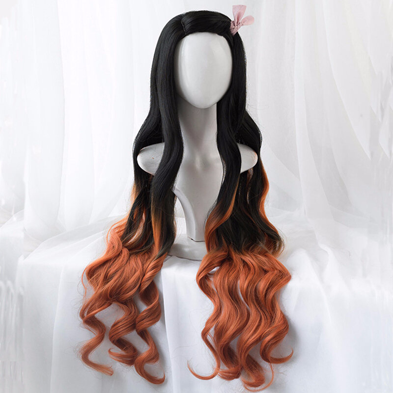Kamado Nezuko Cosplay Wig, Cabelo Comprido Gradiente, Resistente ao Calor, Peruca Sintética, Acessórios, 95cm
