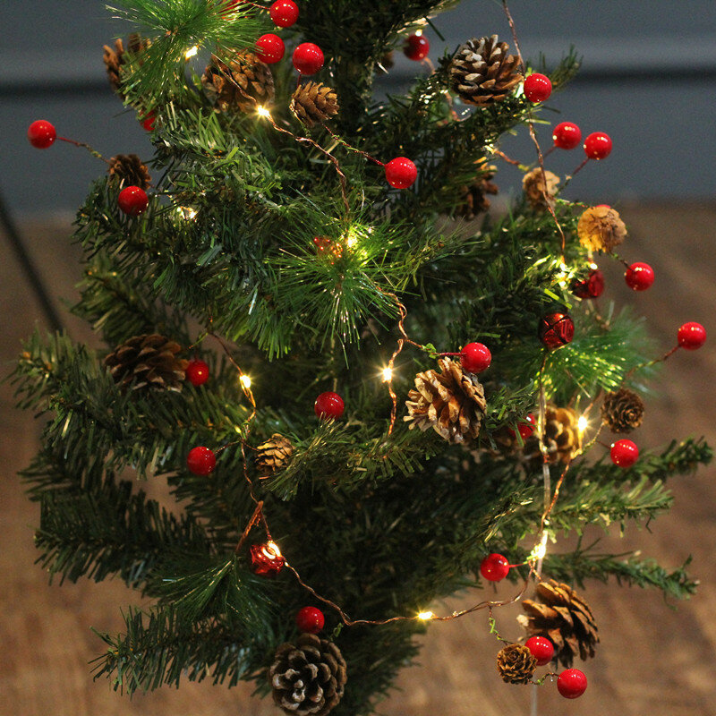 PheiLa LED 크리스마스 선물 소나무 콘으로 문자열 조명 소나무 실크 빨간 공 장식 배터리에 의해 구동 크리스마스 트리