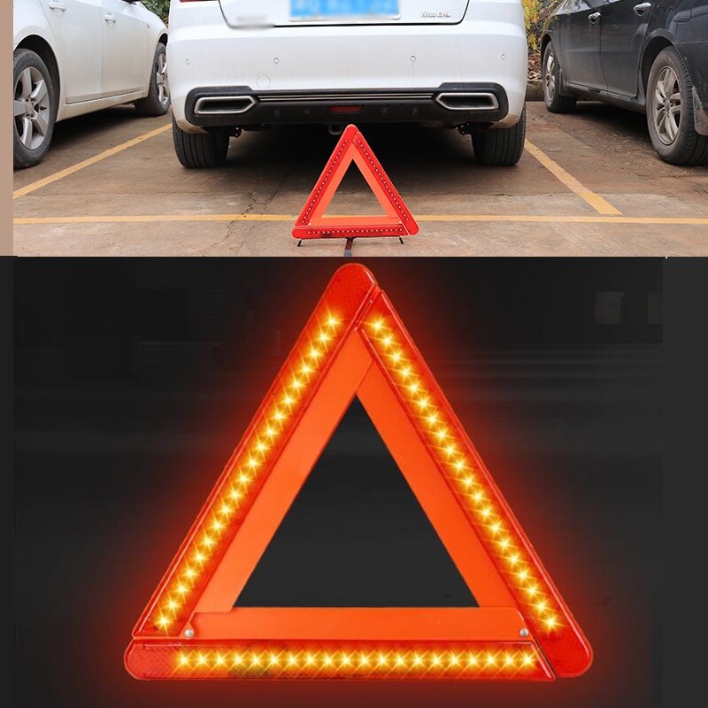 Triangular de advertencia LED con bloqueo de carretera plegable, señal roja reflectante de seguridad para parada de emergencia, trípode triangular para vehículo