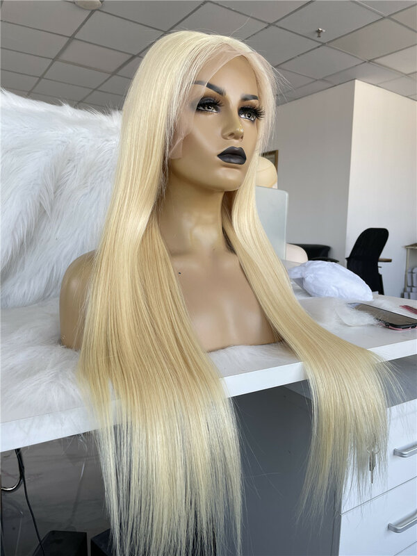 QueenKing brazylijski ludzki włos blond koronki przodu 13x6 blond 613 Silky prosto Remy peruki dla kobiet darmowe Overnight wysyłka