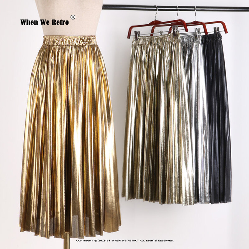 2024 Elegant Women Midi Skirt VD1824 High Waist Black Silver Gold Solid Color Pleated Skirt SS0039