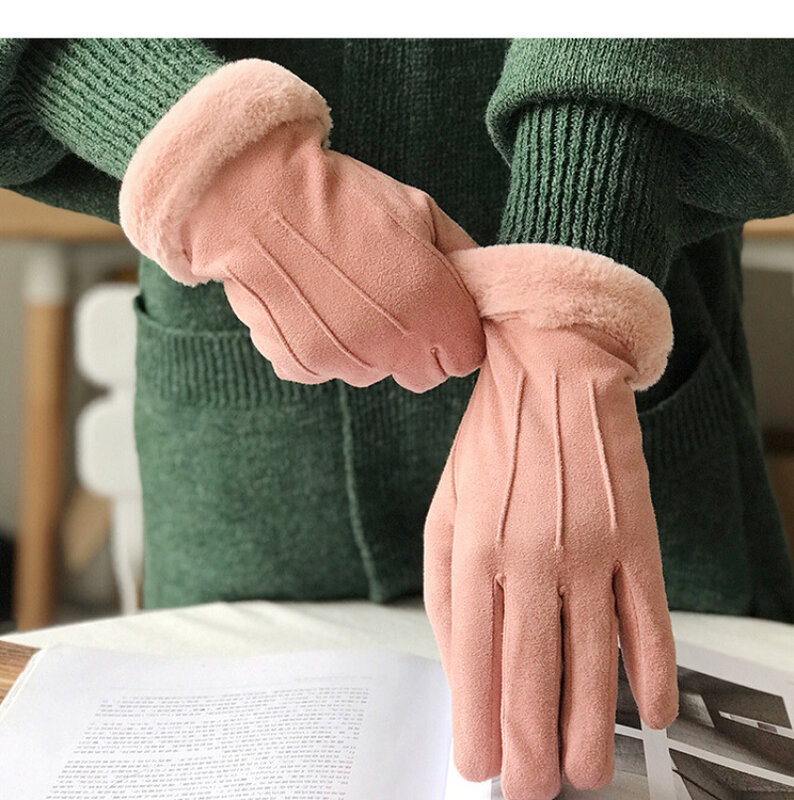 Women Winter Suede Windproof Cycling Drive Simple Gloves Fashion Plus Velvet Thicken Touch Screen Plush Wrist Stripe
